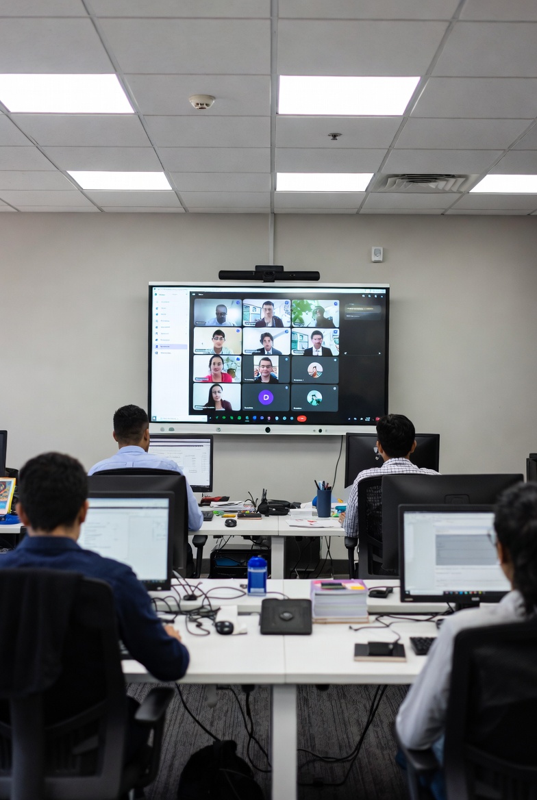 Large meeting room with wall-mounted display and video conferencing setup