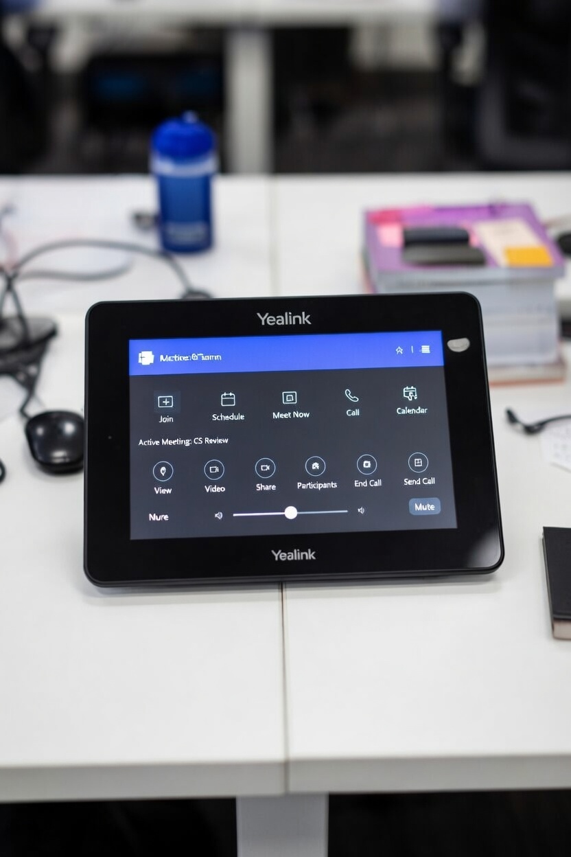 Yealink touch panel on the table for starting and controlling Teams meetings in the room